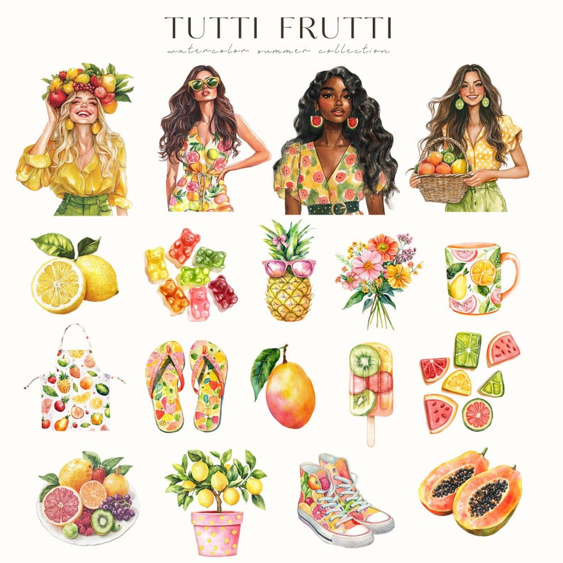 Puede incluir: Ilustraci&oacute;n en acuarela titulada "Tutti Frutti" con tem&aacute;tica veraniega. Presenta mujeres, frutas y varios art&iacute;culos. Incluye una mujer con un tocado de frutas, una pi&ntilde;a con gafas de sol y zapatillas con estampado de frutas. Otros art&iacute;culos son una taza, un delantal y chanclas.