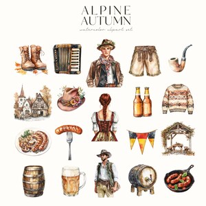 May include: Watercolor illustrations of various autumnal and alpine themed items, including a man in a brown jacket, a woman in a dirndl, a traditional German house, a pair of boots, a pipe, a beer stein, a sausage, a barrel, and a pretzel.