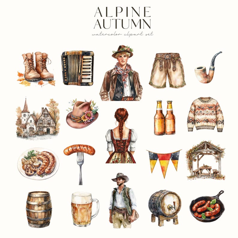 May include: Watercolor illustrations of various autumnal and alpine themed items, including a man in a brown jacket, a woman in a dirndl, a traditional German house, a pair of boots, a pipe, a beer stein, a sausage, a barrel, and a pretzel.