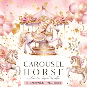 Karussell Pferd Clipart, Aquarell Karussell Pony Kindergarten Clipart, Karussell Clipart, Karussell Pony PNG, sofortiger Download, kommerzielle Lizenz