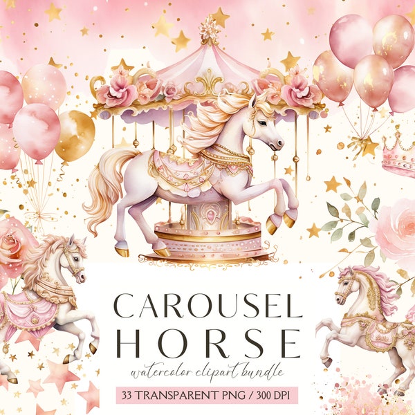 Carrousel Horse Clipart, Aquarelle Carrousel Pony Nursery Clipart, Carrousel Clipart, Carousel Pony PNG, Téléchargement instantané, Licence commerciale