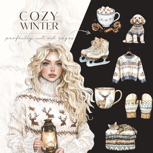 May include: A digital illustration of a cozy winter scene with a woman wearing a white sweater with a reindeer pattern, holding a lantern. Other elements include a mug of hot chocolate with marshmallows, a pair of ice skates, a cat sleeping on a stack of blankets, a pair of mittens, and a sweater with a snowflake pattern.