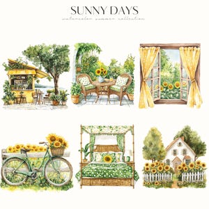 May include: A watercolor illustration set featuring six scenes of summer. The scenes include a cafe, a patio, a window with curtains, a bed with a canopy, a bicycle with sunflowers, and a house with a white picket fence.
