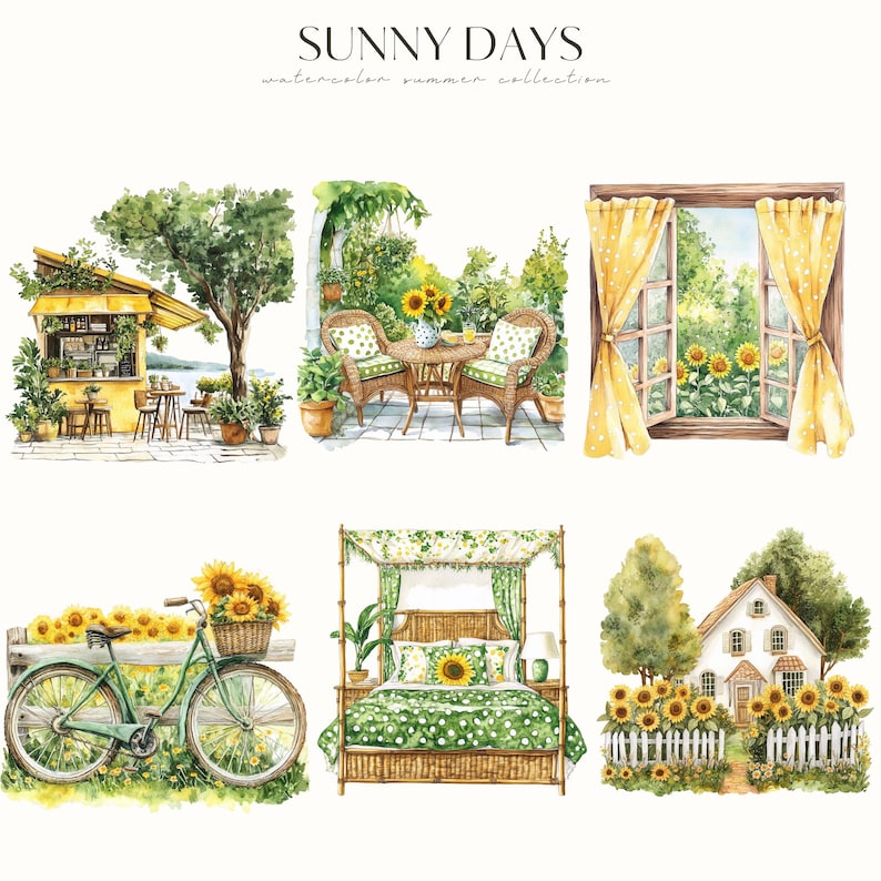 May include: A watercolor illustration set featuring six scenes of summer. The scenes include a cafe, a patio, a window with curtains, a bed with a canopy, a bicycle with sunflowers, and a house with a white picket fence.
