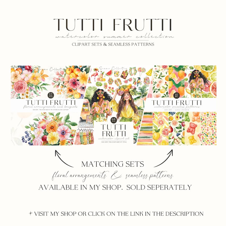 Puede incluir: Imagen promocional de la colecci&oacute;n de verano en acuarela "Tutti Frutti". Presenta conjuntos de im&aacute;genes predise&ntilde;adas y patrones sin costuras con arreglos florales, frutas e ilustraciones. El texto incluye "Conjuntos a juego" y "Disponible en mi tienda".