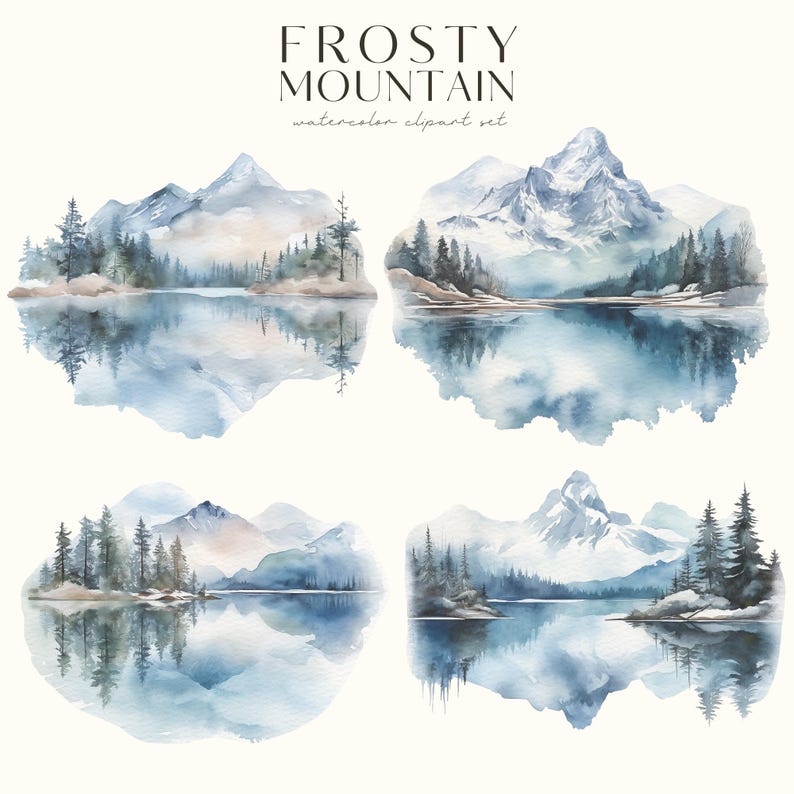 Watercolor Winter Mountain Clipart-Mountain Clipart PNG-Peaceful Mountain-Winter Landscape-Bluey Mountain Art-Commercial Use-Scrapbooking image 3