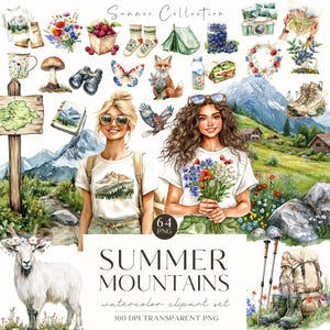 Aquarel zomer berg clipart, bergbeklimmers, zomerbundel, wandelpad png, alpine, digitale stickers, scrapbooking, commercieel gebruik