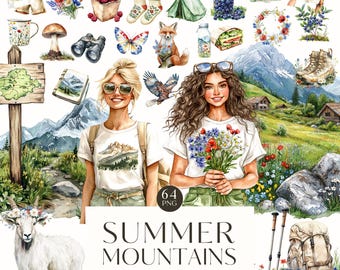 Aquarel zomer berg clipart, bergbeklimmers, zomerbundel, wandelpad png, alpine, digitale stickers, scrapbooking, commercieel gebruik