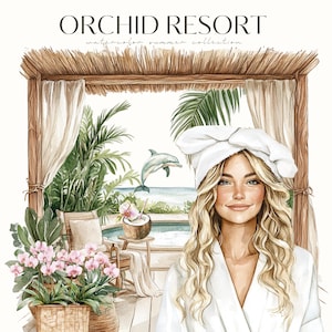 May include: A watercolor illustration of a woman in a white robe and a white towel on her head, relaxing in a tropical resort setting. The scene includes a pool, palm trees, and orchids.
