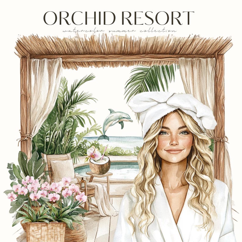May include: A watercolor illustration of a woman in a white robe and a white towel on her head, relaxing in a tropical resort setting. The scene includes a pool, palm trees, and orchids.