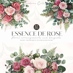 Aquarel roze bloemen clipart, Blush Rose PNG, bruiloft uitnodiging, dromerig zomerroos boeket, digitale stickers, plakboek, commercieel gebruik