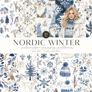 Motivi invernali senza soluzione di continuità, motivo nordico, fiocco di neve acquerello, intimità blu, motivo infinito stagionale, scrapbooking, carta digitale