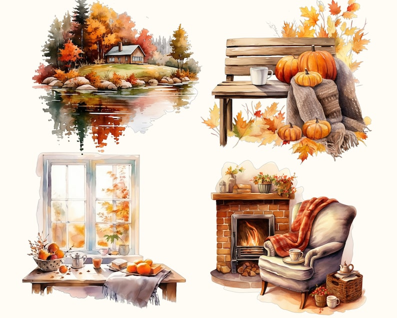 Höstscener - Akvarell höst ClipArt Set - Höst Clipart - Höstillustrationer - Grafik - Kommersiell licens - Höststuga - Höst och hösthelg bild 6