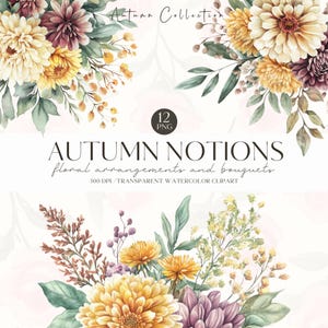 Clipart floral automne aquarelle, bouquet de fleurs d'automne rustique, chrysanthème PNG, invitation de mariage, autocollants numériques, scrapbooking, usage Commercial