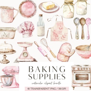 ClipArt di forniture da forno rosa, pacchetto PNG per cottura ad acquerello, panetteria, logo, cuocere al forno, forniture per la cucina, adesivi digitali, album di ritagli, diario spazzatura