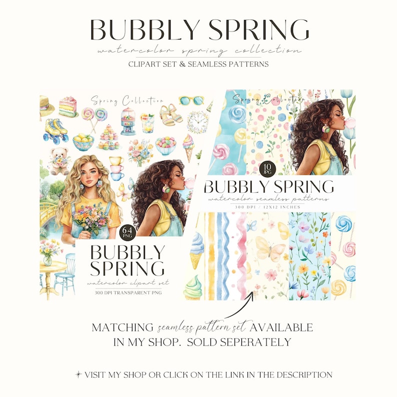 Puede incluir: Un conjunto de ilustraciones digitales con dos mujeres de pelo largo, una con pelo casta&ntilde;o y otra con pelo negro, que llevan atuendos de primavera. El conjunto incluye 64 im&aacute;genes de clipart y 10 patrones sin costuras con tem&aacute;tica primaveral, incluyendo mariposas, flores, caramelos y helados. El texto "Bubbly Spring" aparece en la imagen.