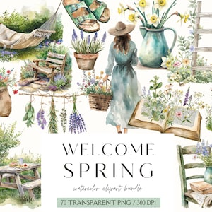 Aquarelle printemps ClipArt-Graphiques de Pâques-Lapin de Pâques-Cottagecore-Floral Clipart-Journal indésirable-aquarelle jardin numérique-autocollants commerciaux