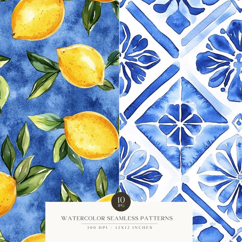May include: Watercolor seamless patterns featuring lemons and blue tile designs. The lemon pattern has yellow lemons with green leaves on a blue background. The tile pattern is blue and white. The text at the bottom reads "WATERCOLOR SEAMLESS PATTERNS".