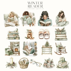 May include: A set of watercolour illustrations featuring cosy winter scenes with a reading theme. The illustrations include people reading books, stacks of books, a fireplace, a rocking chair, a cup of coffee, and other wintery details. The illustrations are perfect for adding a touch of warmth and whimsy to your winter projects.