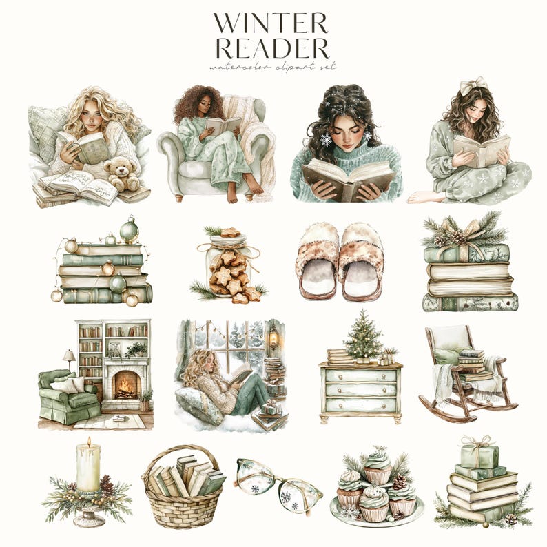 May include: A set of watercolour illustrations featuring cosy winter scenes with a reading theme. The illustrations include people reading books, stacks of books, a fireplace, a rocking chair, a cup of coffee, and other wintery details. The illustrations are perfect for adding a touch of warmth and whimsy to your winter projects.