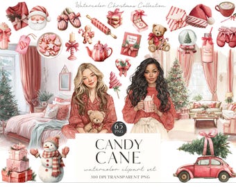 Aquarel snoepgoed kerst clipart, gezellige kerstafbeeldingen, Grandmillennial, preppy, scrapbooking, digitale download en commercieel gebruik