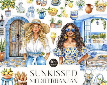 May include: A watercolor clipart set featuring two women in summery outfits, a blue and white tiled doorway, a basket of lemons, and a variety of other Mediterranean-themed elements. The set includes 63 images and is 300 DPI.
