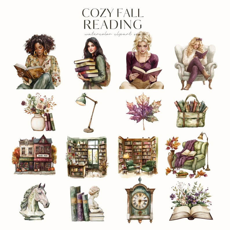 Op de afbeelding: Een aquarel-illustratieset met knusse herfstlees-sc&egrave;nes. De set bevat afbeeldingen van mensen die boeken lezen, een boekwinkel, een bibliotheek, een open haard, een herfstblad, een vaas met bloemen, een lamp, een klok en een boek met bloemen erop.