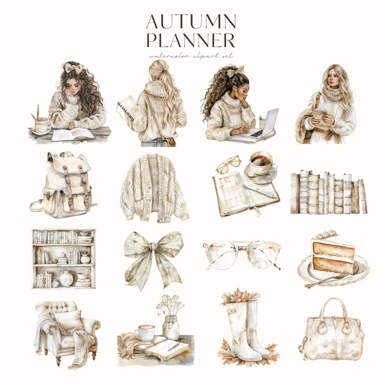 Pu&ograve; includere: Un set di illustrazioni ad acquerello con temi autunnali, tra cui donne con maglioni, uno zaino, un cardigan, un libro, occhiali, una tazza di caff&egrave;, una pila di libri, un fiocco, una torta, una sedia, un vaso con fiori, un libro, un paio di stivali e una borsa a mano. Le illustrazioni sono in tonalit&agrave; di marrone e beige.