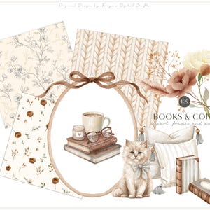 K&ouml;nnte beinhalten: Ein digitales Illustrationsset mit einer flauschigen Katze, gestapelten B&uuml;chern, einer Kaffeetasse, einer Brille, einer Kerze, Kissen und Blumenmustern. Der Text lautet 109 BOOKS & COFFEE clipart, frames and patterns. Die Farbpalette umfasst Beige, Braun und Creme.