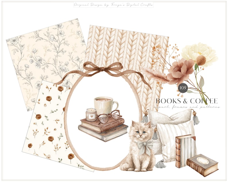 K&ouml;nnte beinhalten: Ein digitales Illustrationsset mit einer flauschigen Katze, gestapelten B&uuml;chern, einer Kaffeetasse, einer Brille, einer Kerze, Kissen und Blumenmustern. Der Text lautet 109 BOOKS & COFFEE clipart, frames and patterns. Die Farbpalette umfasst Beige, Braun und Creme.