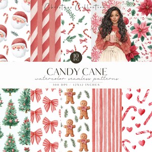 Könnte beinhalten: Eine digitale Kunstsammlung mit nahtlosen Aquarellmustern zum Thema Weihnachten. Designs umfassen Weihnachtsmann-Gesichter, Zuckerstangen, Weihnachtsbäume, Schleifen, Lebkuchenmänner und Weihnachtsstern. Der Text lautet "Christmas Collection" und "CANDY CANE watercolor seamless patterns 300 DPI / 30.48x30.48 cm."