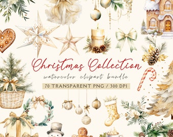 水彩画のクリスマス クリップアート バンドル、クリーム色のクリスマス PNG、ボヘミアン クリスマス、季節のクリップアート バンドル、商用利用、スクラップブッキング