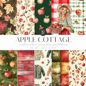 Könnte beinhalten: Eine digitale Kunstcollage mit nahtlosen Aquarellmustern zum Thema Apfel. Die Muster umfassen Äpfel, Blätter und eine Frau, die einen Korb mit Äpfeln hält. Der Text "APPLE COTTAGE" wird angezeigt.