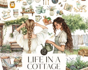 Watercolor Cottagecore Clipart, Rustic Cottage, Cottagecore Aesthetics, Summertime, Junkjournal, Digital Stickers, Scrabook, Commercial Use