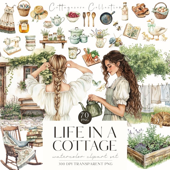 Watercolor Cottagecore Clipart, Rustic Cottage, Cottagecore Aesthetics, Summertime, Junkjournal, Digital Stickers, Scrabook, Commercial Use