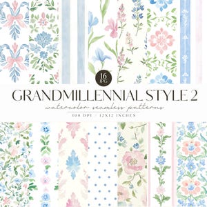 Aquarell Grandmillennial nahtlose Muster, floralen adretten Hintergrund, Vintage, Streifen, Pastell Stoff wiederholendes Muster, digitaler Download