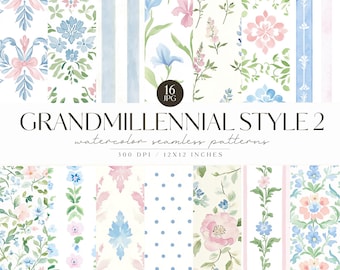 Watercolor Grandmillennial Seamless Patterns, Floral Preppy Background, Vintage, Stripe, Pastel Fabric Repeating Pattern, Digital Download