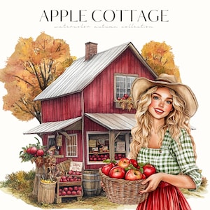 Akvarell mysig höst Clipart, höst PNG, höstvibbar, röd lada, mysig gård, höstäppelskörd, digitala klistermärken, scrapbooking, kommersiell bild 10