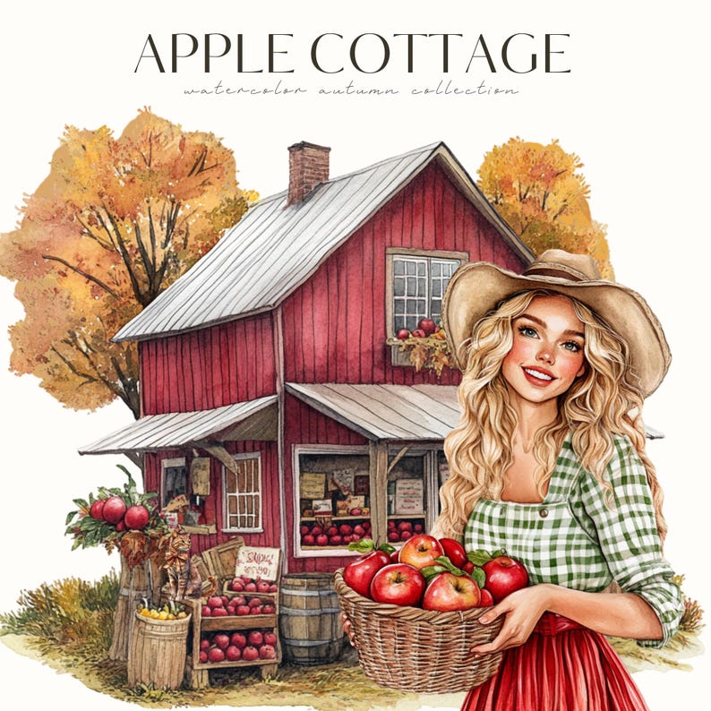 Akvarell mysig höst Clipart, höst PNG, höstvibbar, röd lada, mysig gård, höstäppelskörd, digitala klistermärken, scrapbooking, kommersiell bild 10