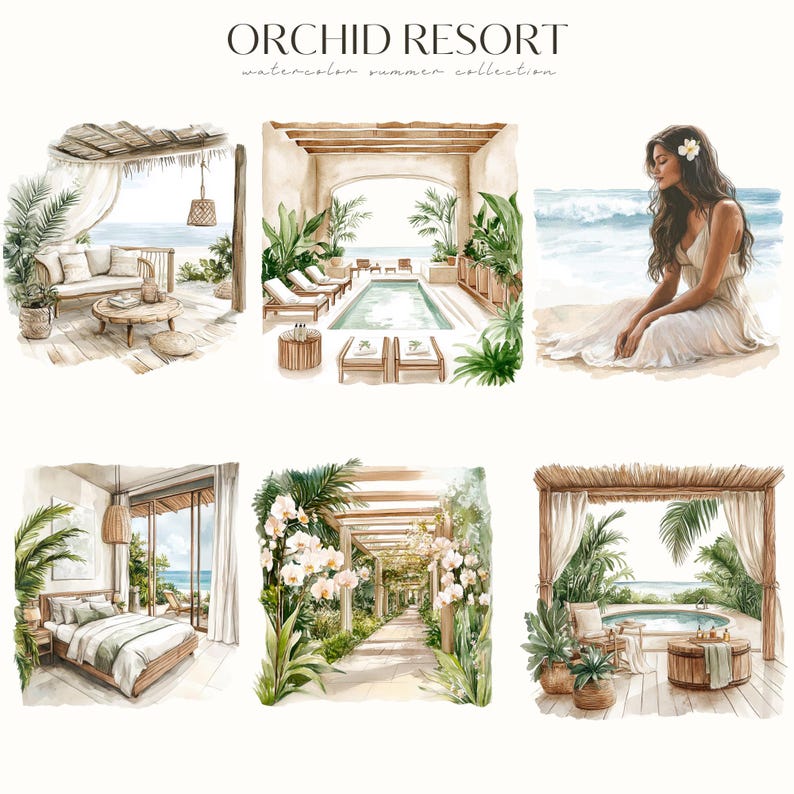 May include: A watercolor illustration of a tropical resort with a pool, a lounge area, a bedroom, a garden path, and a woman sitting on a beach. The illustration is in a light and airy style, with a focus on the natural beauty of the resort.