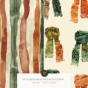 K&ouml;nnte beinhalten: Ein Set mit 10 nahtlosen Aquarellmustern mit abstrakten Streifen in Gr&uuml;n-, Braun- und Beiget&ouml;nen sowie einem Muster aus Aquarellscarves in Gr&uuml;n-, Orange- und Braunt&ouml;nen. Die Muster sind 300 DPI und 12x12 Zoll gro&szlig;.