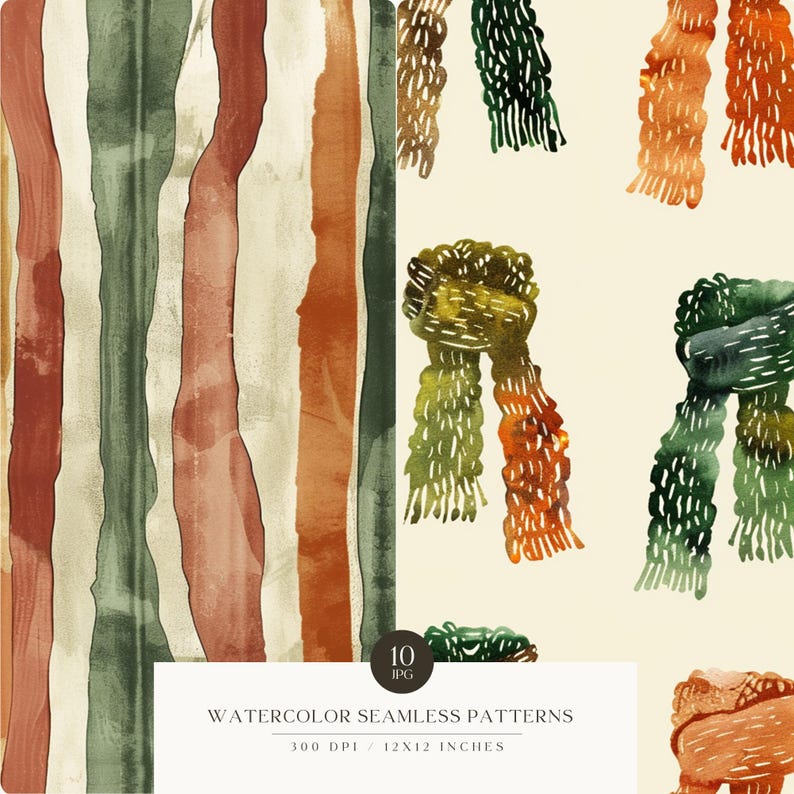 K&ouml;nnte beinhalten: Ein Set mit 10 nahtlosen Aquarellmustern mit abstrakten Streifen in Gr&uuml;n-, Braun- und Beiget&ouml;nen sowie einem Muster aus Aquarellscarves in Gr&uuml;n-, Orange- und Braunt&ouml;nen. Die Muster sind 300 DPI und 12x12 Zoll gro&szlig;.