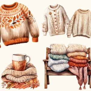 Op de afbeelding: Een aquarel-illustratie van knusse herfstvoorwerpen, waaronder een bruine en oranje trui, een witte trui, een stapel gebreide dekens op een houten bank en een kopje thee gewikkeld in een gebreide sjaal.
