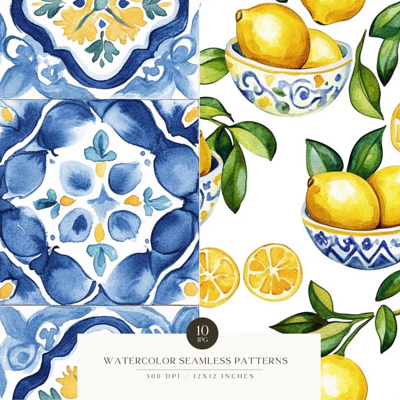 May include: Watercolor seamless patterns featuring blue and yellow tile designs and lemons in decorative bowls. The image includes text that reads "Watercolor Seamless Patterns" and "300 DPI / 12x12 inches".
