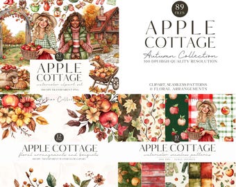Op de afbeelding: Een digitale kunstcollectie genaamd "Apple Cottage Autumn Collection" met aquarel clipart, naadloze patronen en bloemstukken. De afbeelding bevat illustraties van appels, herfstbladeren en mensen, met tekst "300 DPI High Quality Resolution".
