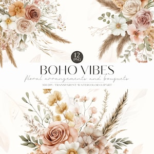 Boho Blumen Clipart, rustikale Blumen Pampas Arrangement, neutrale Blumenplaner, Hochzeitseinladung, digitale Aufkleber, Scrapbook, kommerzielle