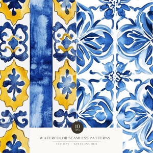 May include: Watercolor seamless patterns in shades of blue and yellow on a white background. The patterns include floral and geometric designs. The image includes the text "WATERCOLOR SEAMLESS PATTERNS" and "300 DPI / 12X12 INCHES".
