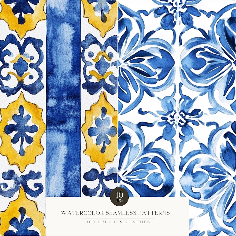 May include: Watercolor seamless patterns in shades of blue and yellow on a white background. The patterns include floral and geometric designs. The image includes the text "WATERCOLOR SEAMLESS PATTERNS" and "300 DPI / 12X12 INCHES".