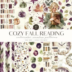 Aquarelle, Lecture automnale confortable, motifs sans couture, Automne JPG, Motif répétitif, Scrapbooking, Livres, Feuilles, Citrouille, Licence commerciale