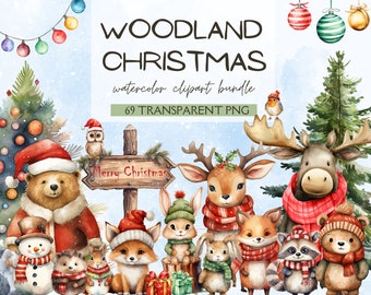 Woodland Christmas Clipart, Watercolor Winter PNG, Forest Christmas Animals, Christmas,Nursery Clipart, Woodland Babies,Deer Bear Fox Racoon